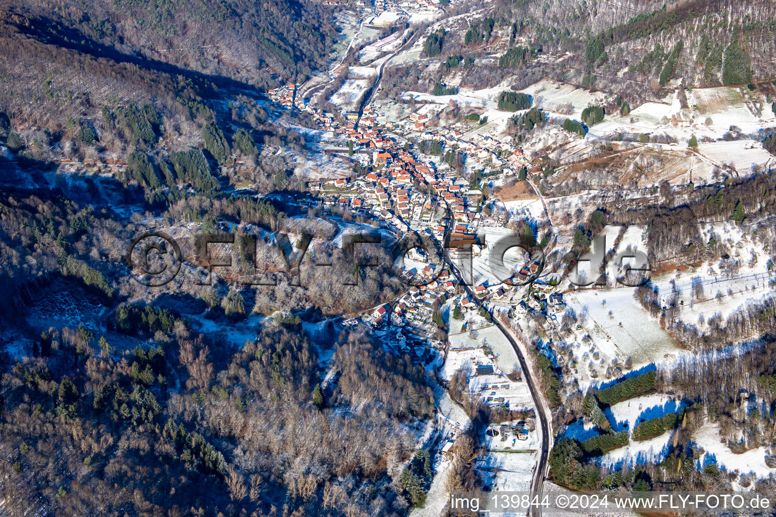 Dernbacher Tal from the south in winter with snow in Dernbach in the state Rhineland-Palatinate, Germany