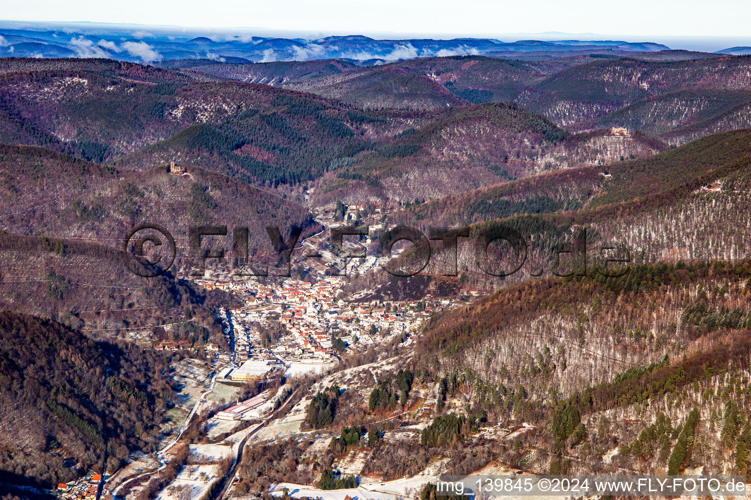 Dernbacher Valley from the south in winter with snow in Ramberg in the state Rhineland-Palatinate, Germany