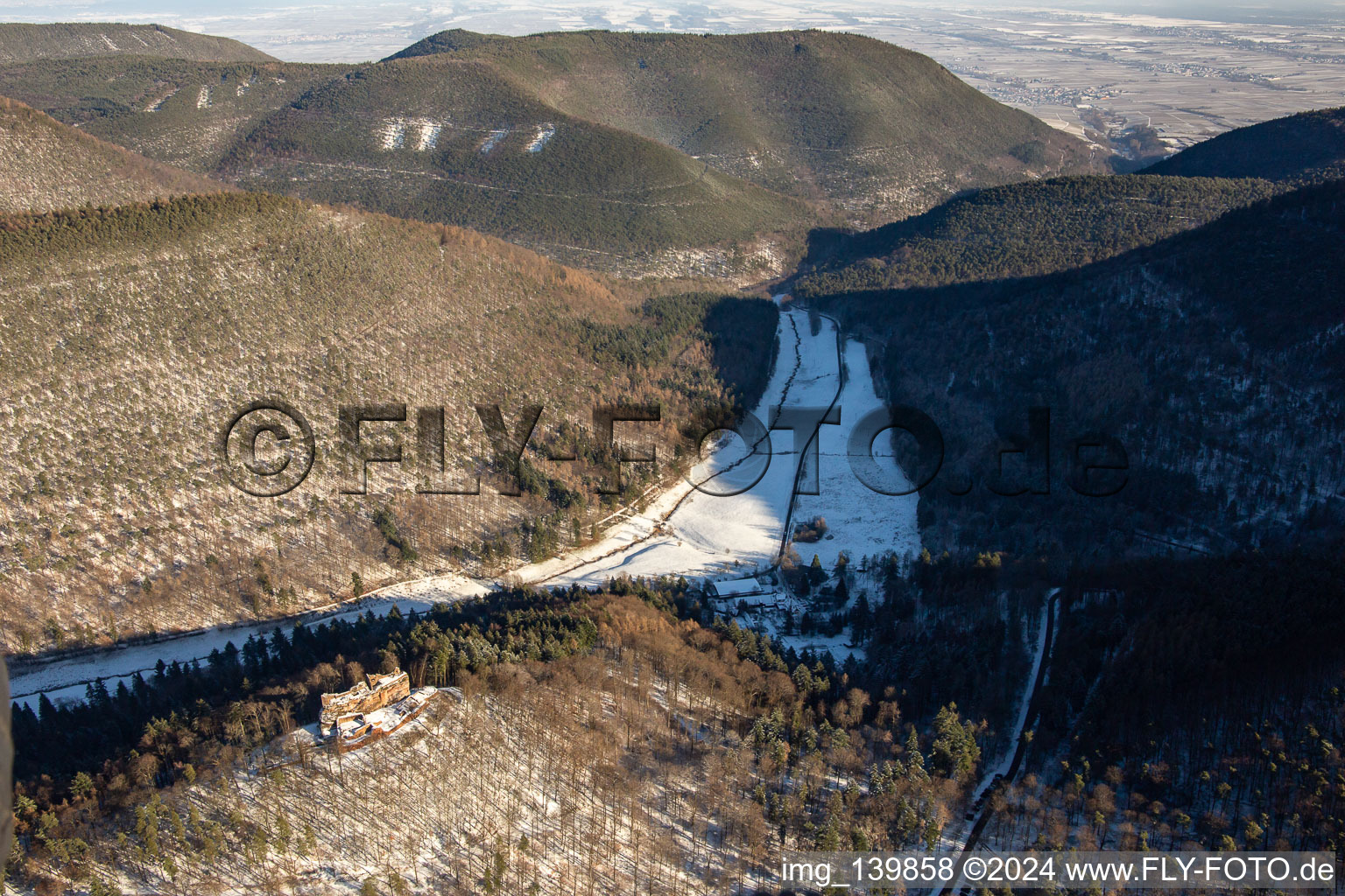 Modenbachtal from the southwest in winter with snow in Ramberg in the state Rhineland-Palatinate, Germany