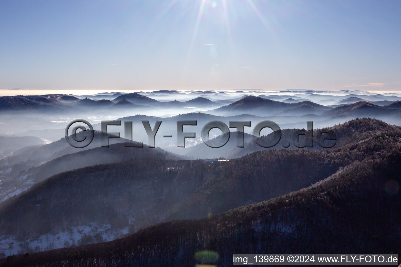 Palatinate Forest from the north in winter with snow in Eußerthal in the state Rhineland-Palatinate, Germany