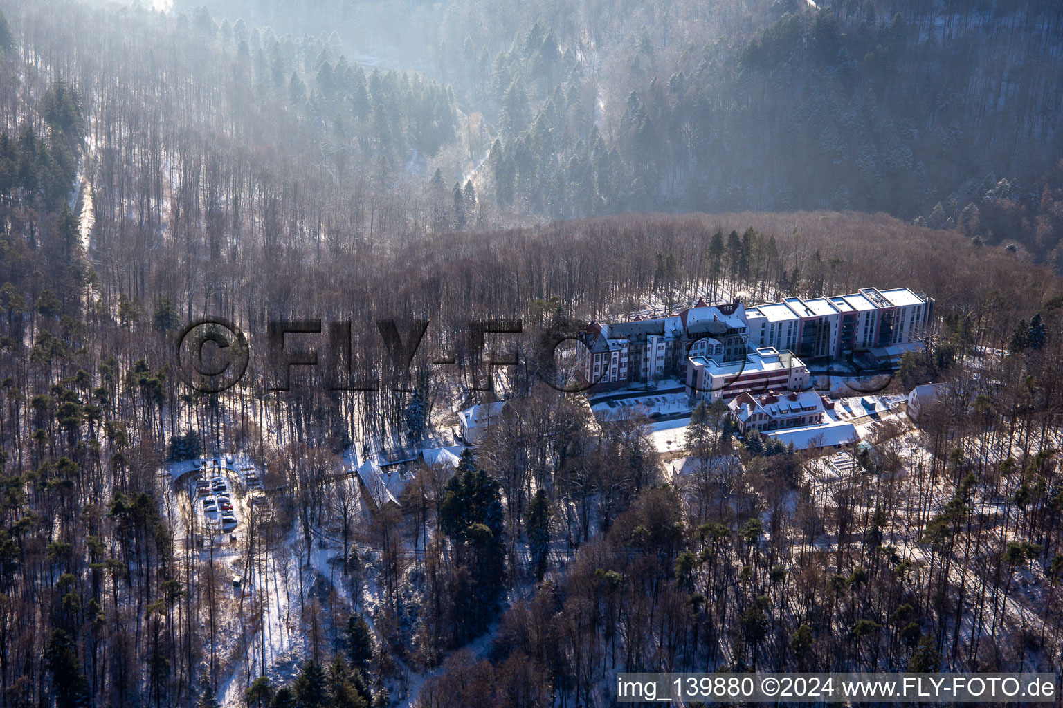 Aerial view of Specialist clinic Eußerthal from the north in winter with snow in Eußerthal in the state Rhineland-Palatinate, Germany