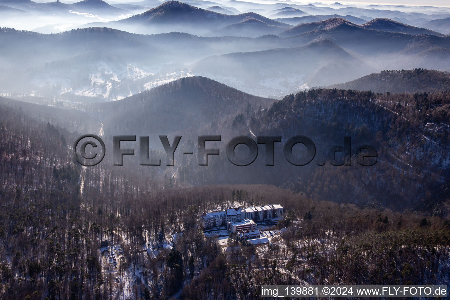 Aerial photograpy of Specialist clinic Eußerthal from the north in winter with snow in Eußerthal in the state Rhineland-Palatinate, Germany