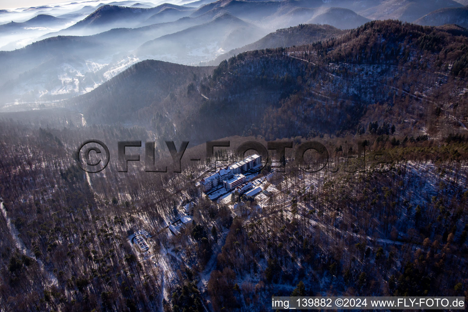 Oblique view of Specialist clinic Eußerthal from the north in winter with snow in Eußerthal in the state Rhineland-Palatinate, Germany