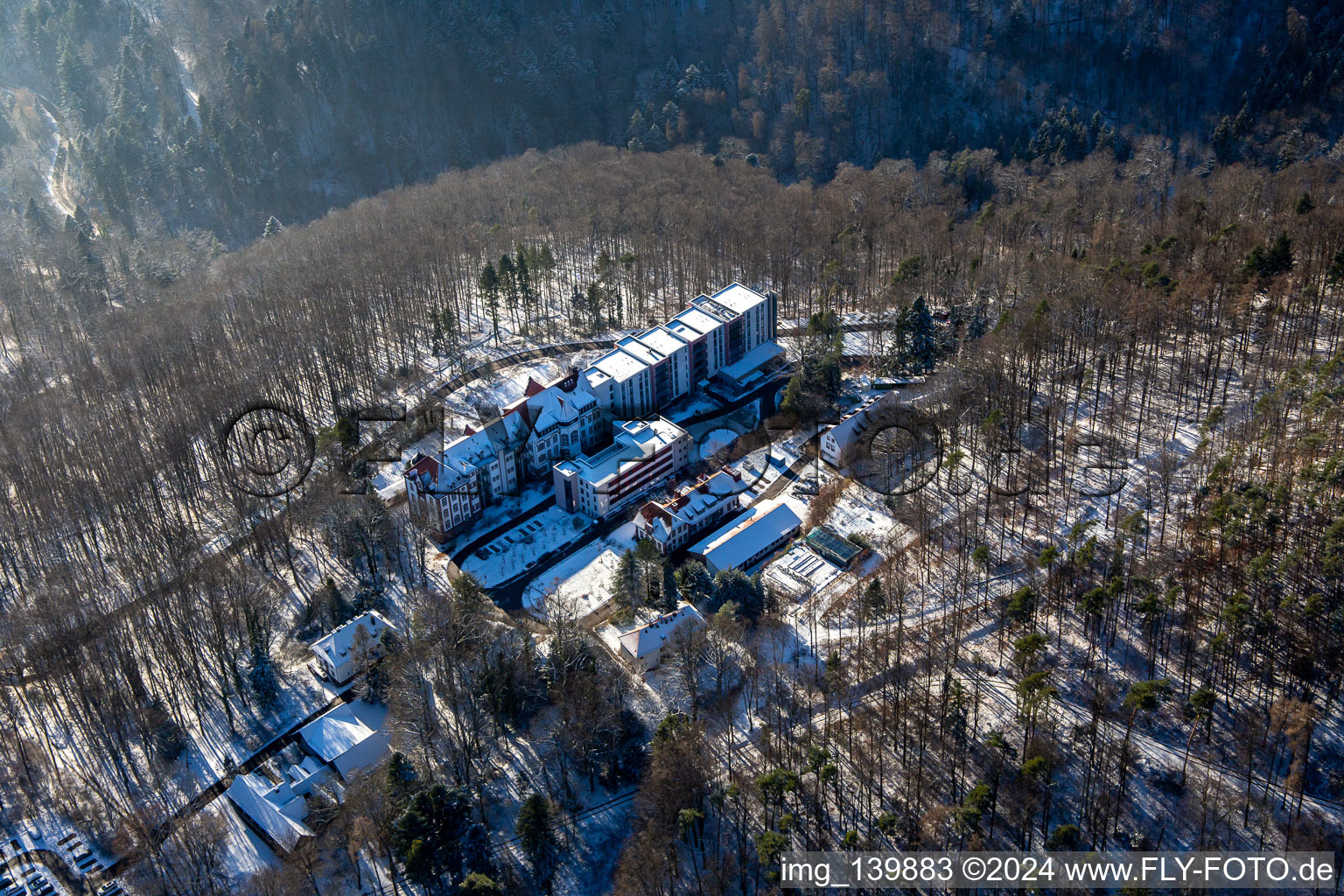 Specialist clinic Eußerthal from the north in winter when there is snow in Eußerthal in the state Rhineland-Palatinate, Germany from above