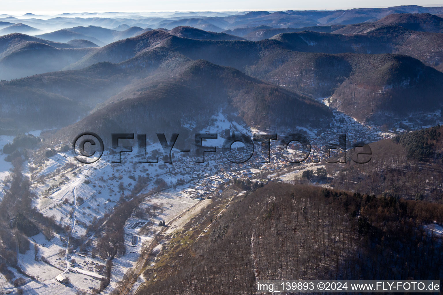 From the northeast in winter when there is snow in Eußerthal in the state Rhineland-Palatinate, Germany