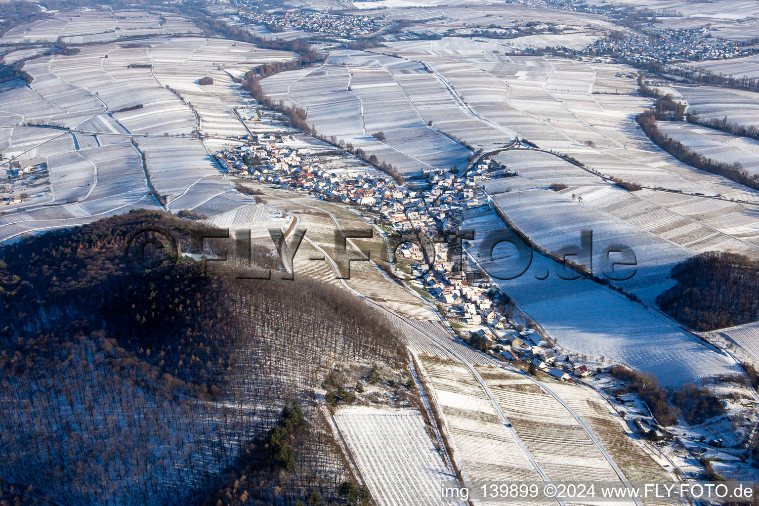 Aerial view of From the west in winter when there is snow in Ranschbach in the state Rhineland-Palatinate, Germany