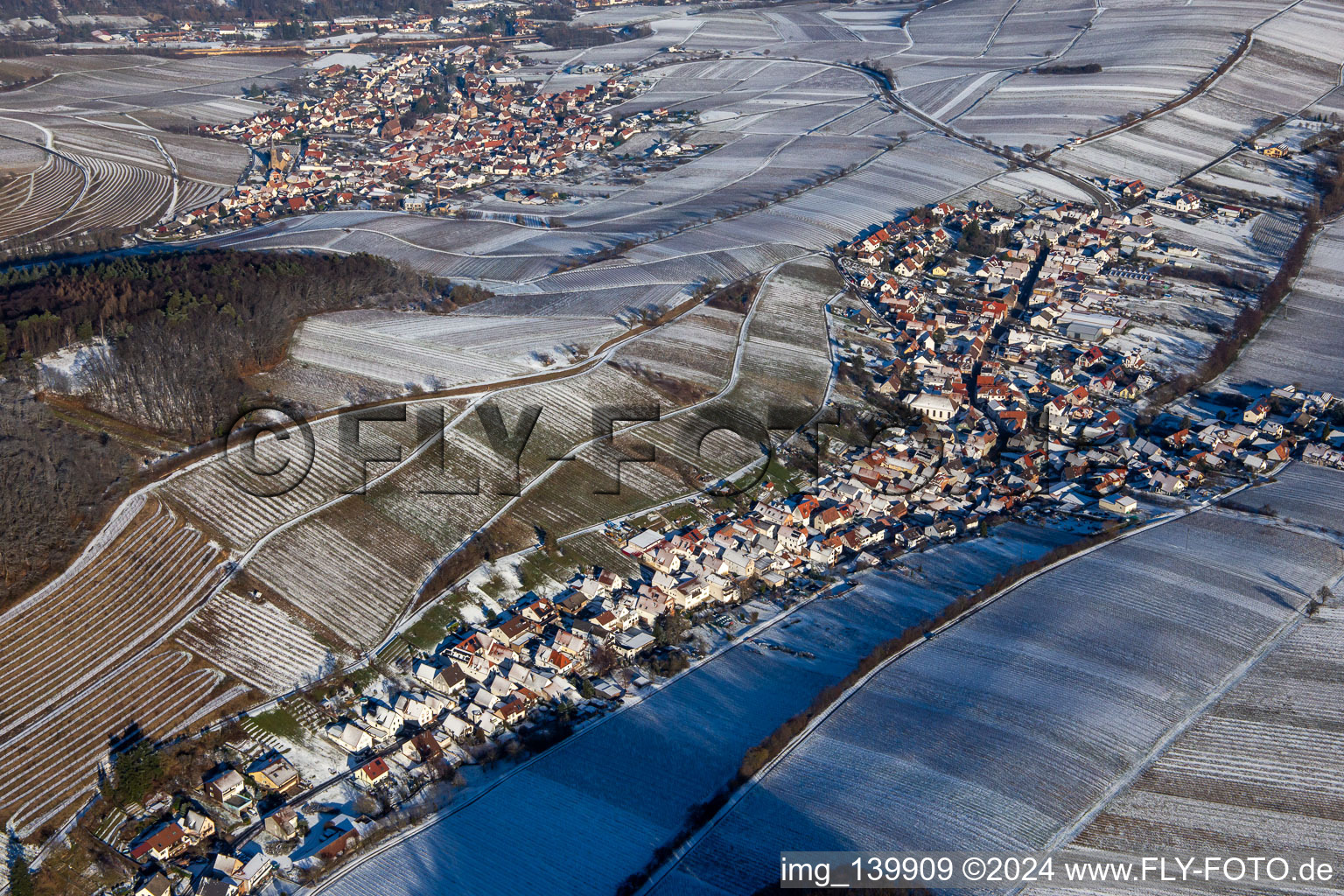 From the southwest in winter when there is snow in Ranschbach in the state Rhineland-Palatinate, Germany