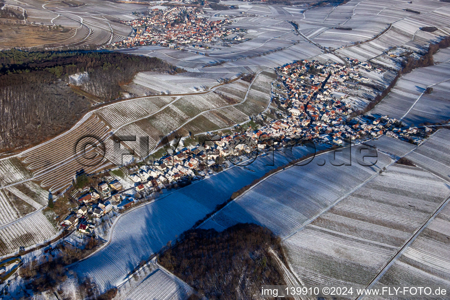 Aerial view of From the southwest in winter when there is snow in Ranschbach in the state Rhineland-Palatinate, Germany