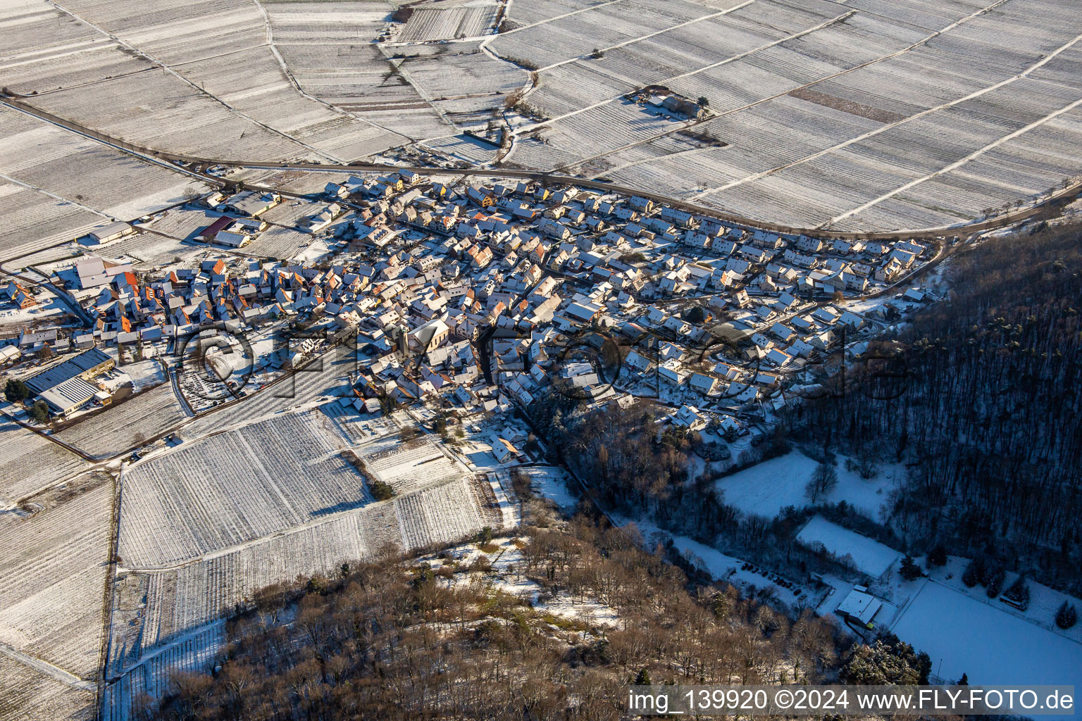 From the north in winter when there is snow in Eschbach in the state Rhineland-Palatinate, Germany