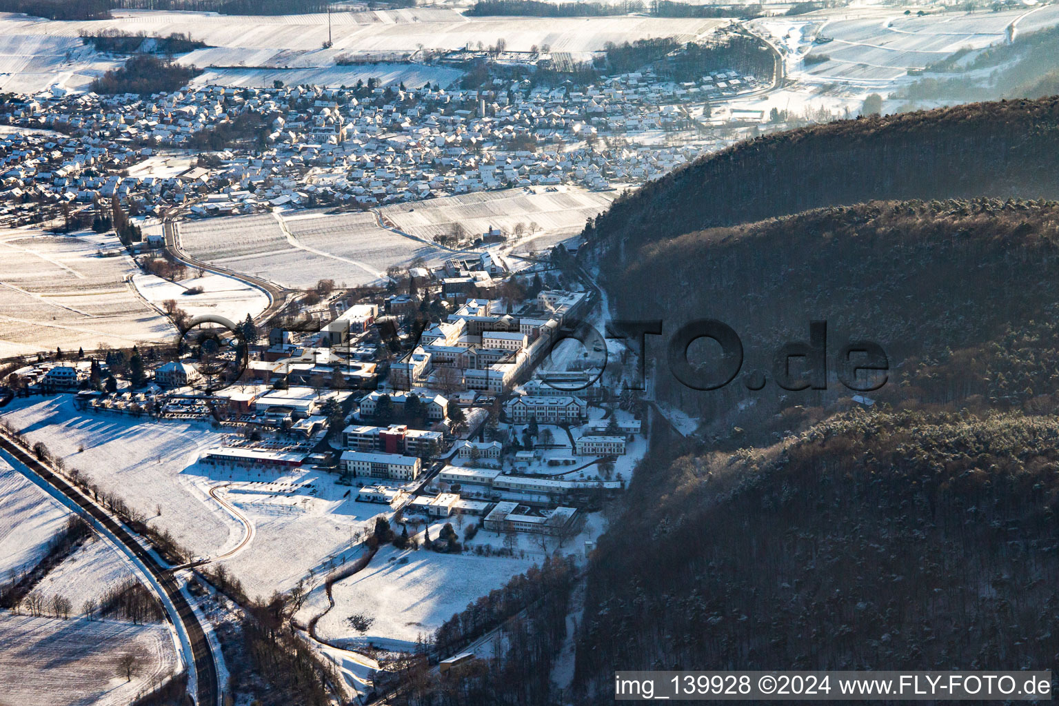 Pfalzklinik Landeck from the north in winter in the snow in Klingenmünster in the state Rhineland-Palatinate, Germany