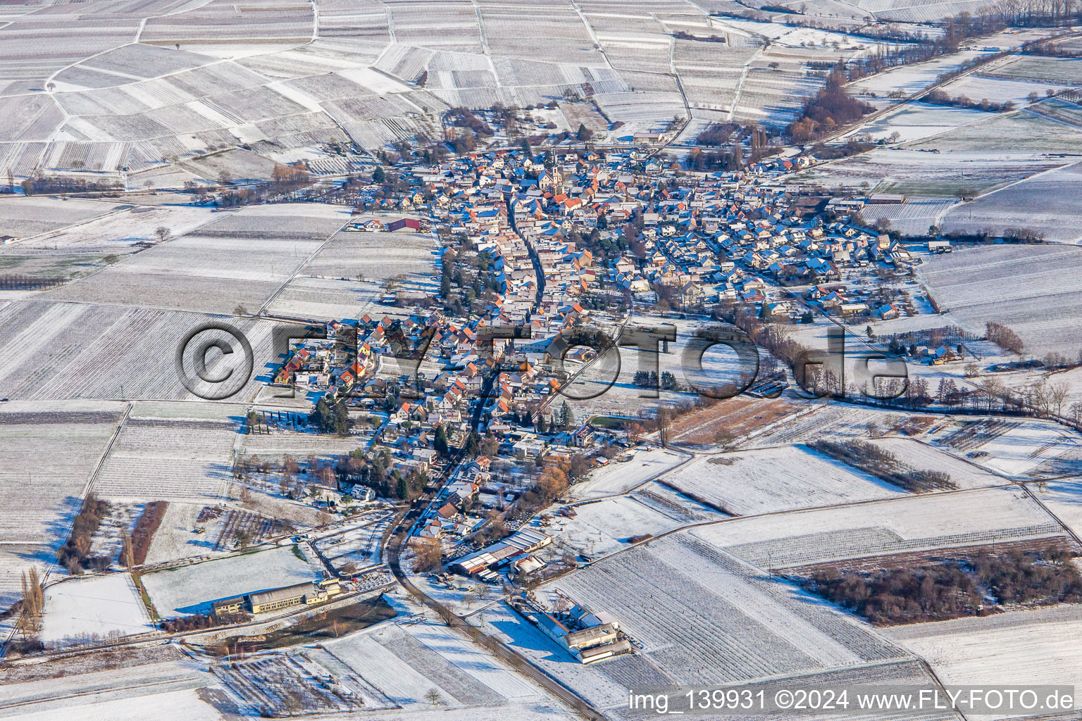 From the west in winter in Göcklingen in the state Rhineland-Palatinate, Germany