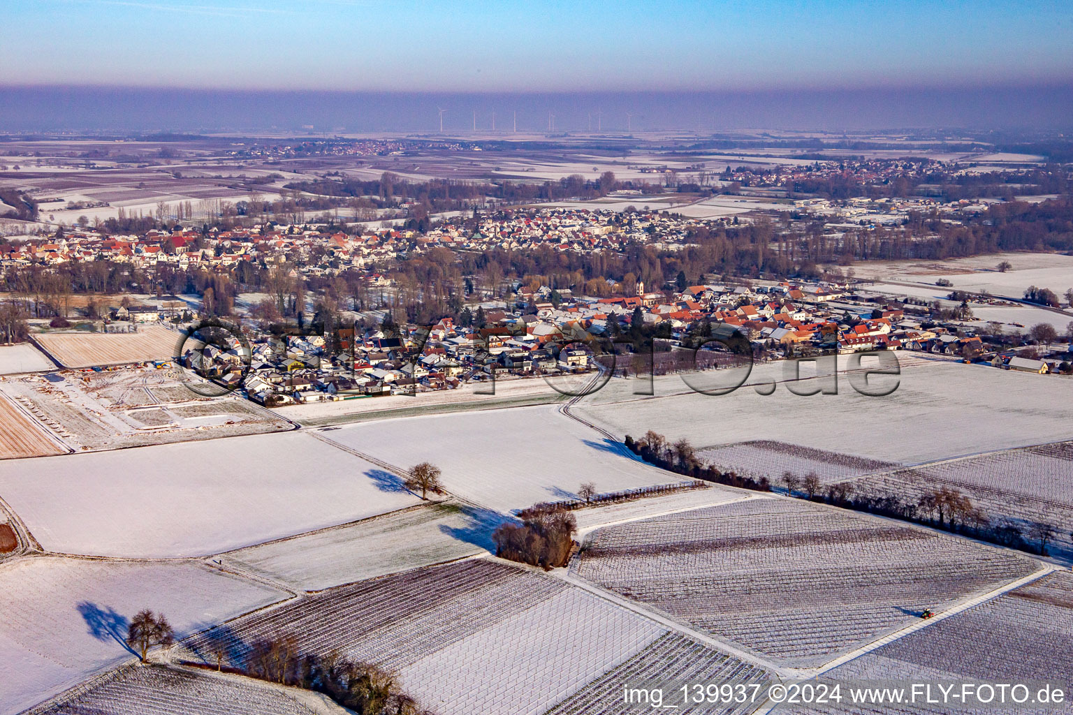 From the southwest in winter in the district Mühlhofen in Billigheim-Ingenheim in the state Rhineland-Palatinate, Germany