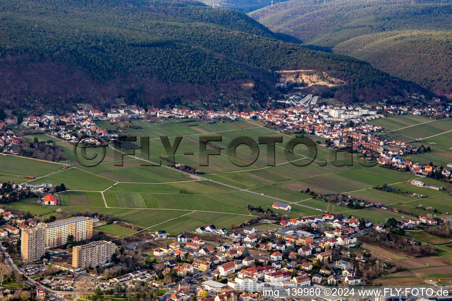 From the southeast in the district Gimmeldingen in Neustadt an der Weinstraße in the state Rhineland-Palatinate, Germany