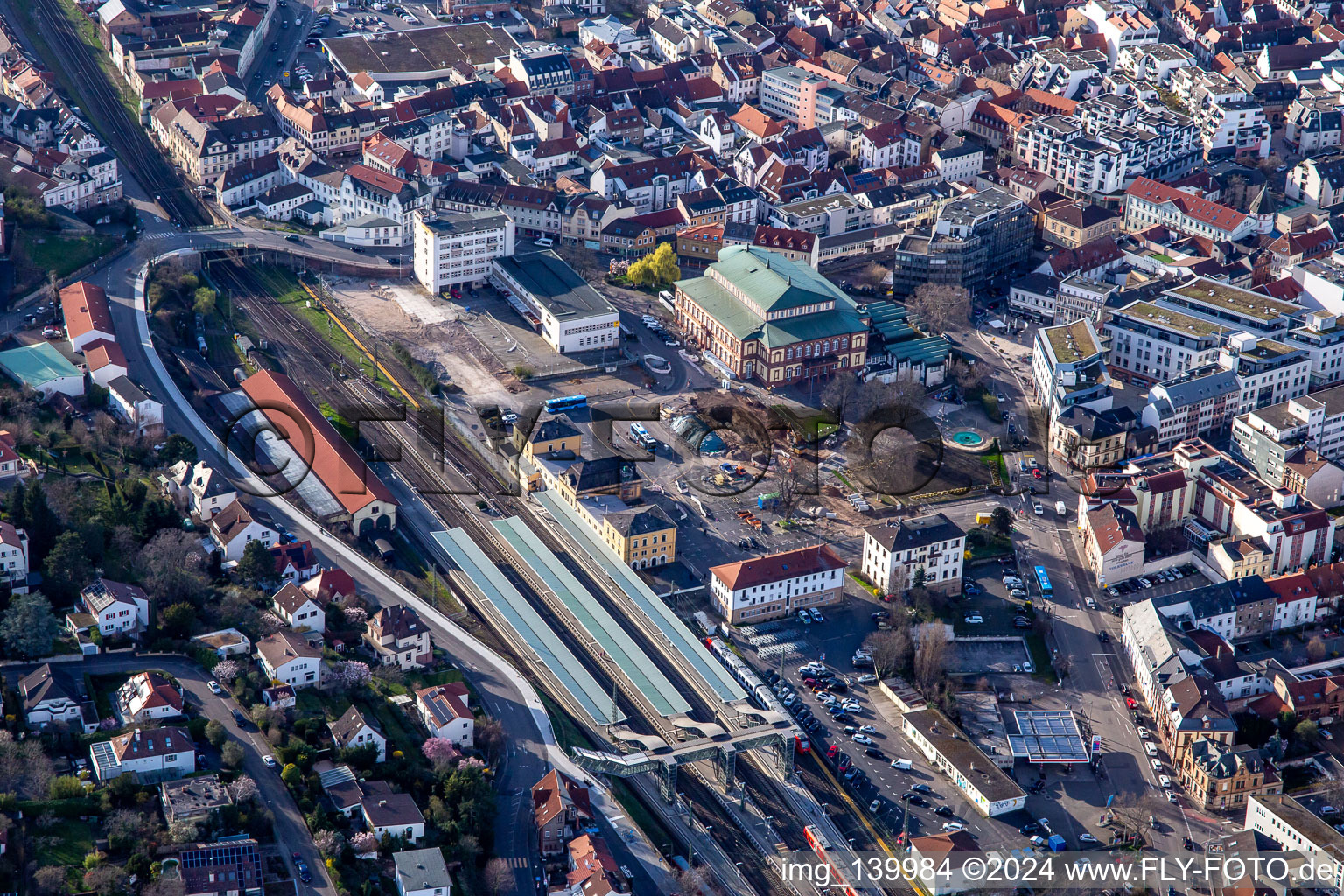 Main station and hall building on Bahnhofstr in Neustadt an der Weinstraße in the state Rhineland-Palatinate, Germany