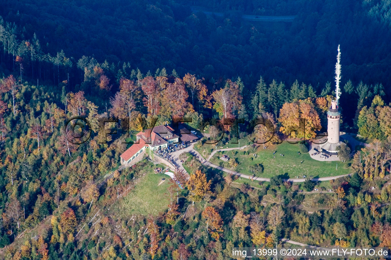 Aerial view of Structure of the observation tower Merkurturm in Baden-Baden in the state Baden-Wurttemberg