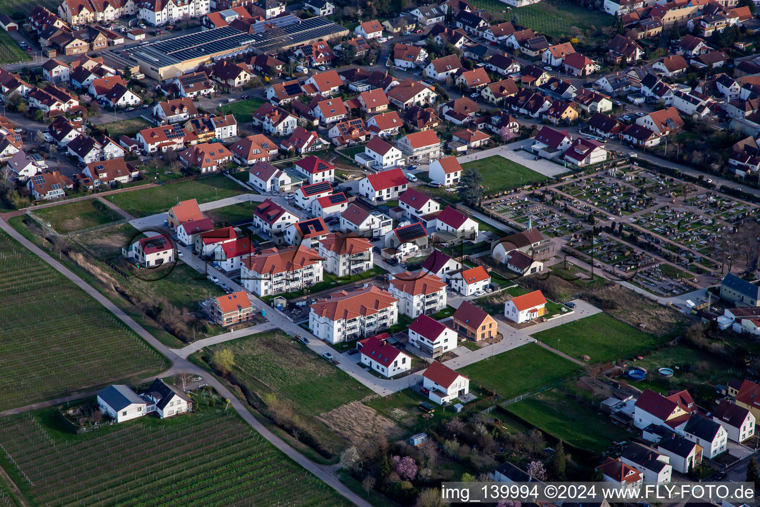 Aerial view of New development area In den Sandwiesen in Maikammer in the state Rhineland-Palatinate, Germany