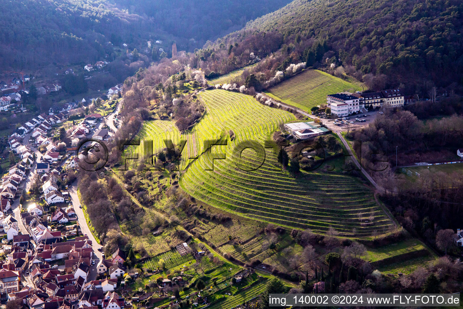 Aerial view of Arens Hotel 327m above sea level in the district SaintMartin in Sankt Martin in the state Rhineland-Palatinate, Germany