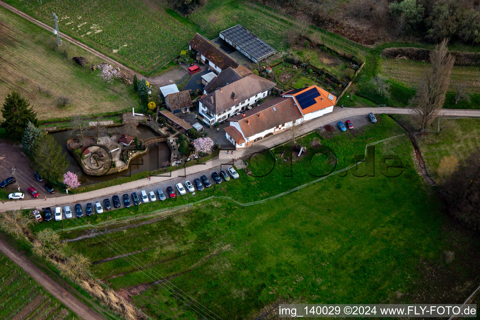 Aerial view of Country restaurant Burrweiler Mühle am Modenbach in Burrweiler in the state Rhineland-Palatinate, Germany