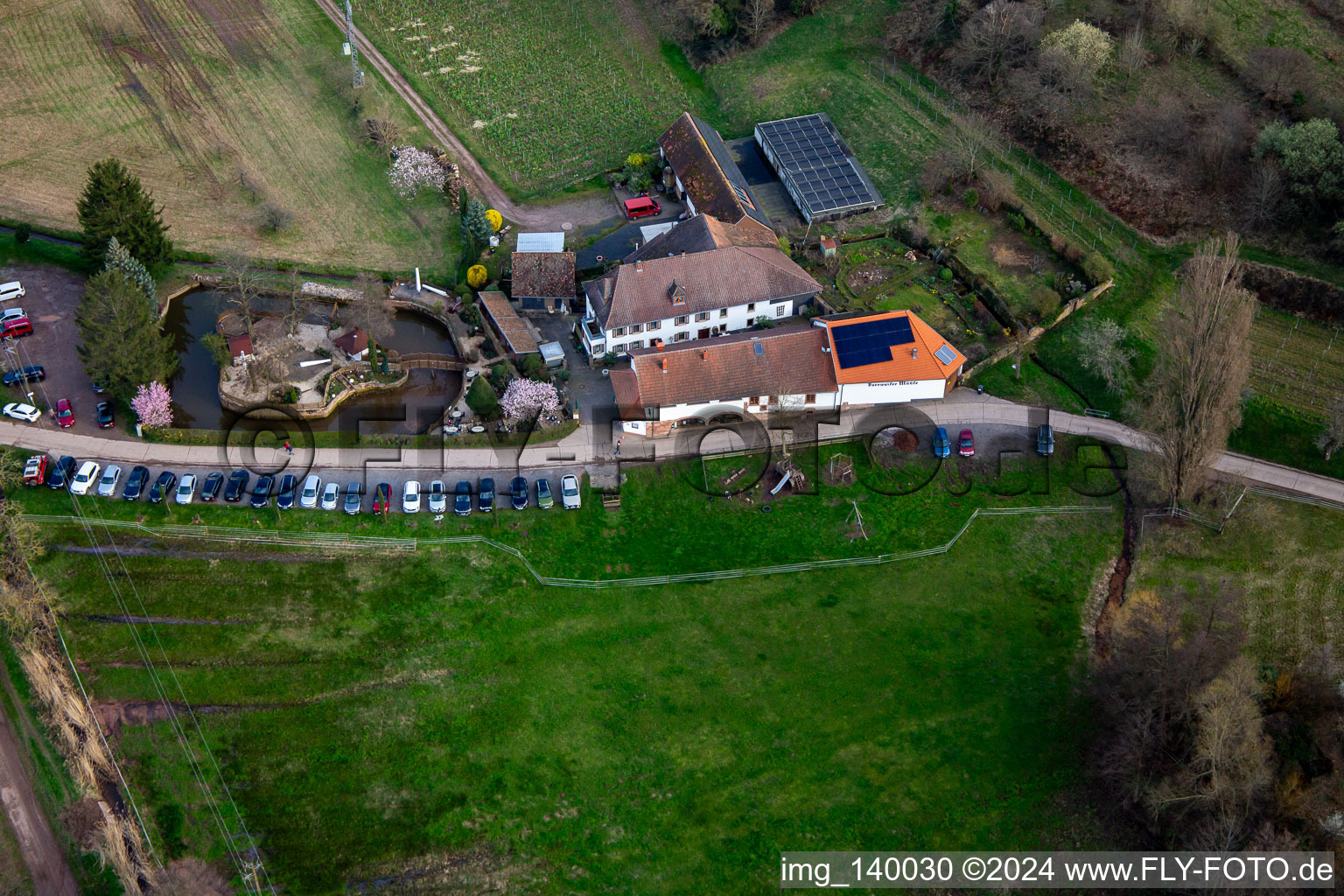 Aerial photograpy of Country restaurant Burrweiler Mühle am Modenbach in Burrweiler in the state Rhineland-Palatinate, Germany