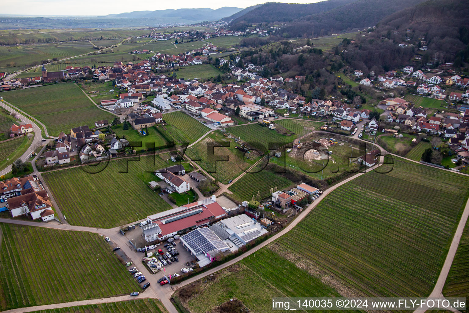 From northeast in Burrweiler in the state Rhineland-Palatinate, Germany