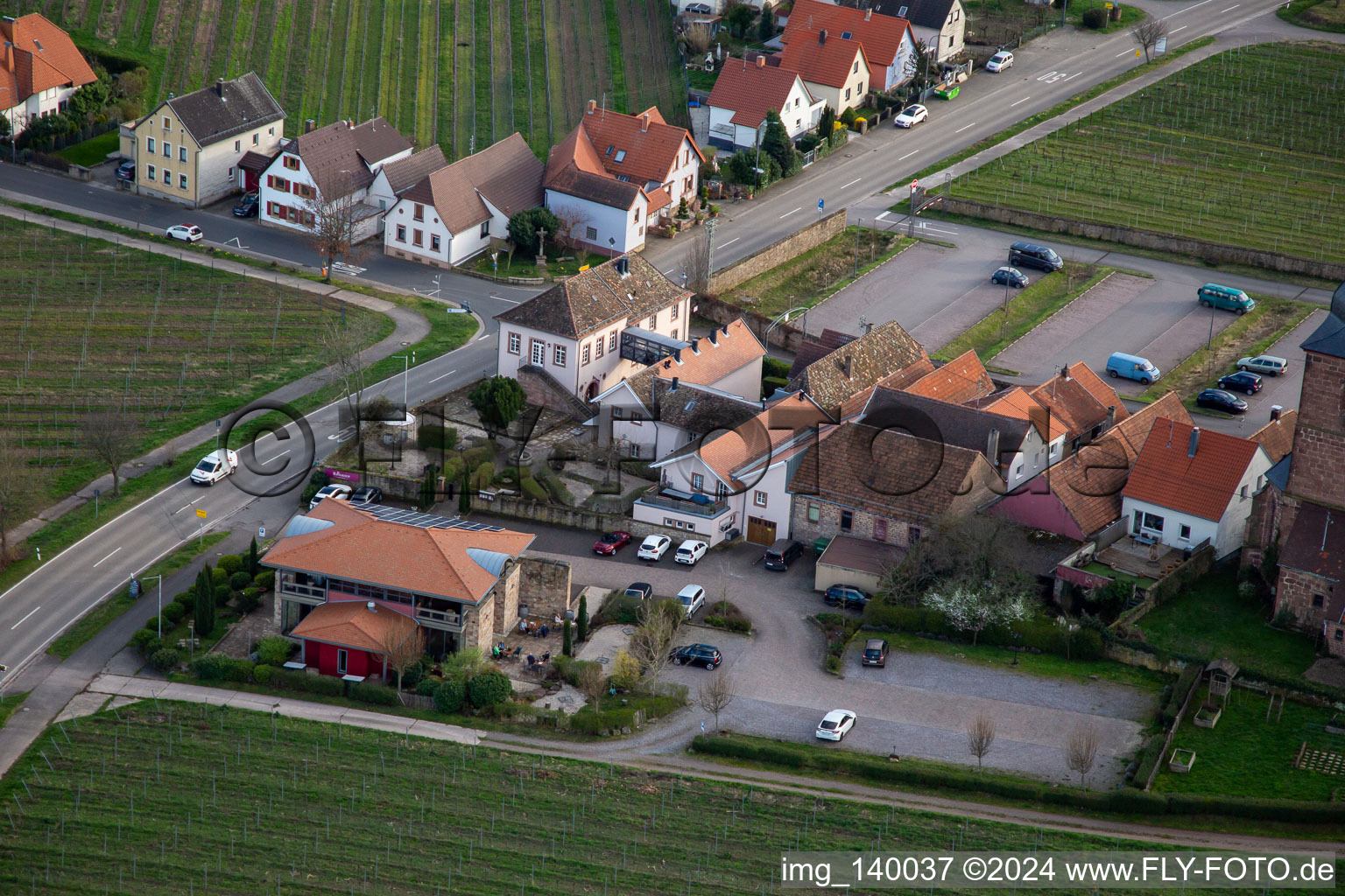 Aerial view of The wine house - Vinothek Meßmer, Ritterhof zur Rose in Burrweiler in the state Rhineland-Palatinate, Germany