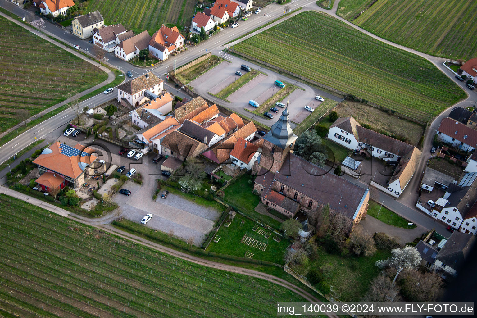 Aerial photograpy of The wine house - Vinothek Meßmer, Ritterhof zur Rose in Burrweiler in the state Rhineland-Palatinate, Germany