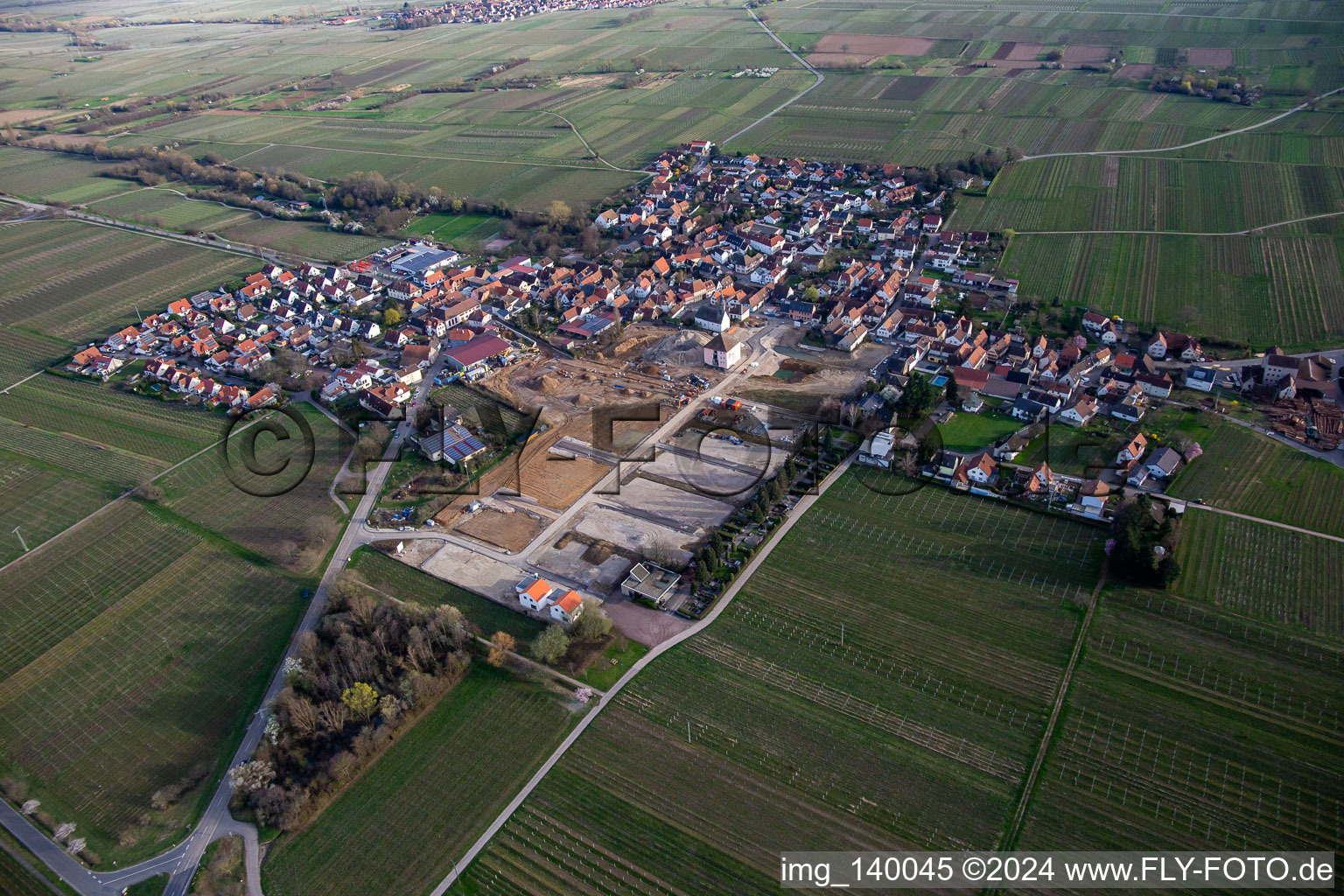 Aerial view of New development area at the former Böchinger Castle and Cemetery Böchingen in Böchingen in the state Rhineland-Palatinate, Germany