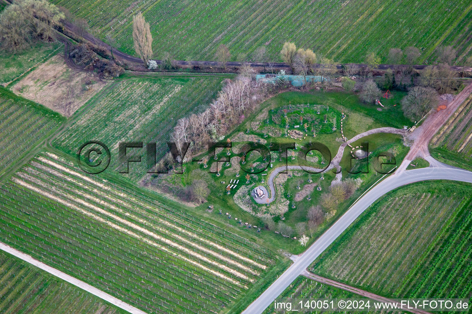 Aerial view of Climate ARBORETUM in spring in Flemlingen in the state Rhineland-Palatinate, Germany