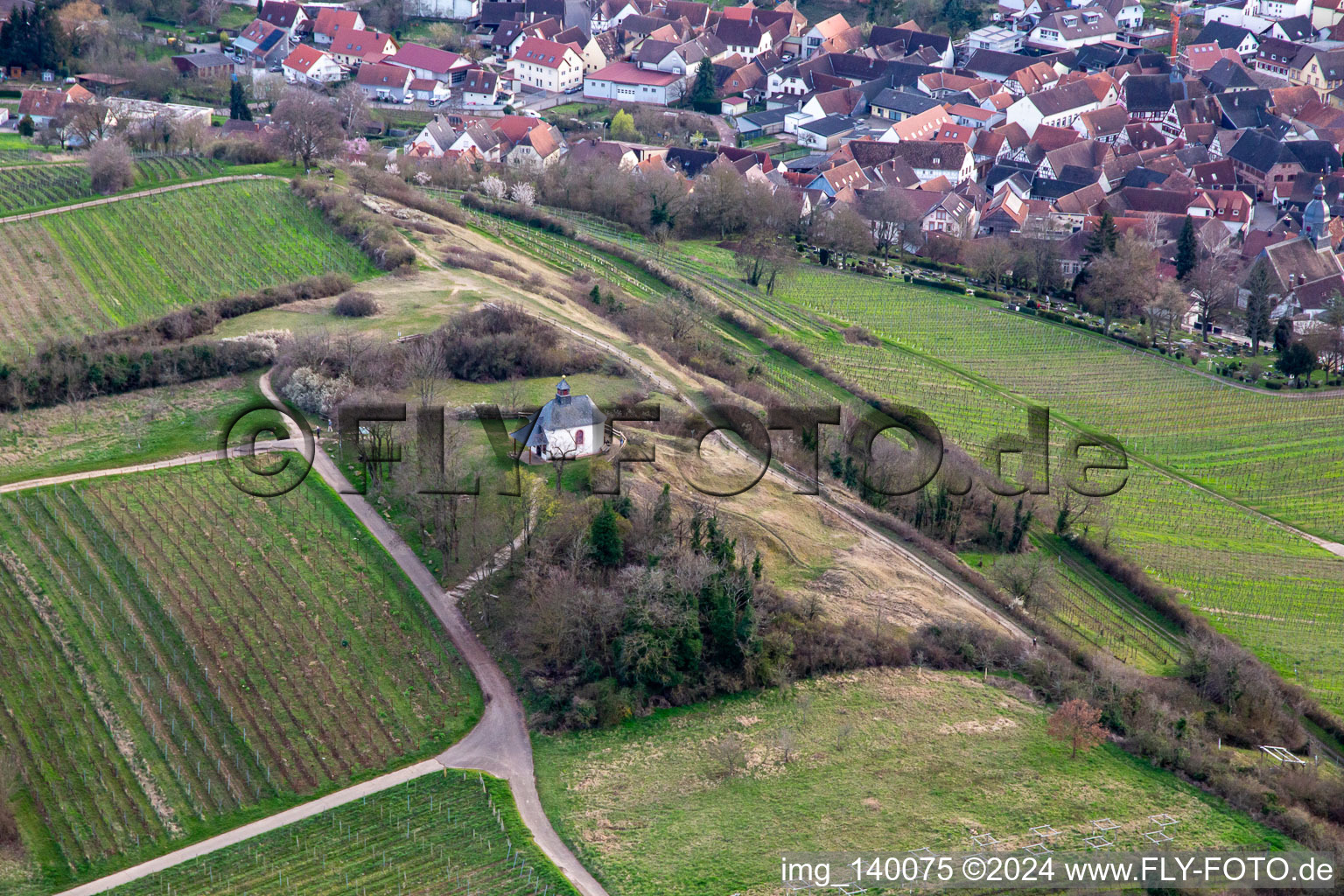Aerial view of Kleine Kalmit nature reserve in spring in the district Arzheim in Landau in der Pfalz in the state Rhineland-Palatinate, Germany