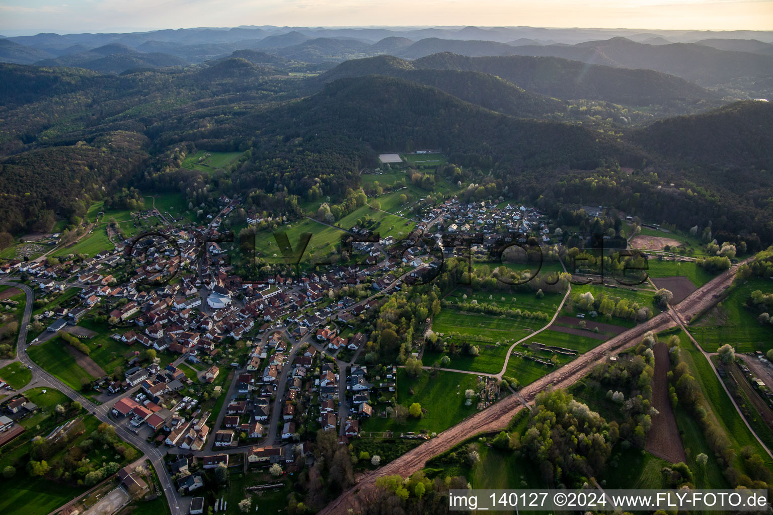 Aerial view of Path through the Palatinate Forest to rebuild the 51 km section of the Trans-Europe Natural Gas Pipeline (TENP-III from the Netherlands to Switzerland) between Mittelbrunn and Klingenmünster in the district Gossersweiler in Gossersweiler-Stein in the state Rhineland-Palatinate, Germany