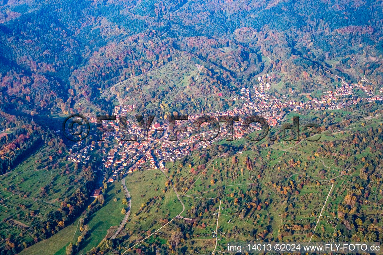 Village - view on the edge of agricultural fields and farmland in the district Michelbach in Gaggenau in the state Baden-Wurttemberg, Germany