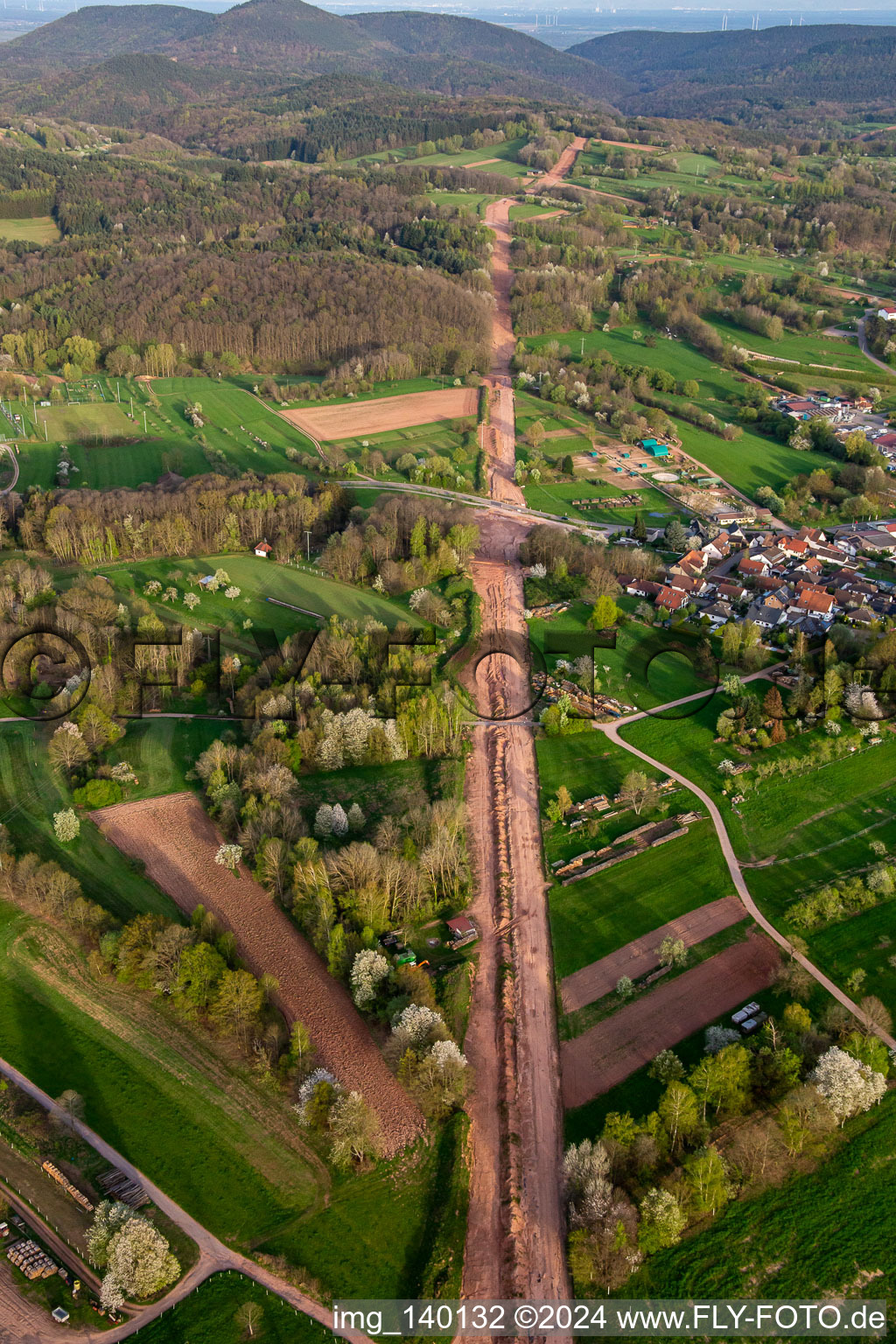 Aerial photograpy of Path through the Palatinate Forest for the reconstruction of the 51 km section of the Trans-Europe natural gas pipeline (TENP-III from the Netherlands to Switzerland) between Mittelbrunn and Klingenmünster in the district Gossersweiler in Gossersweiler-Stein in the state Rhineland-Palatinate, Germany