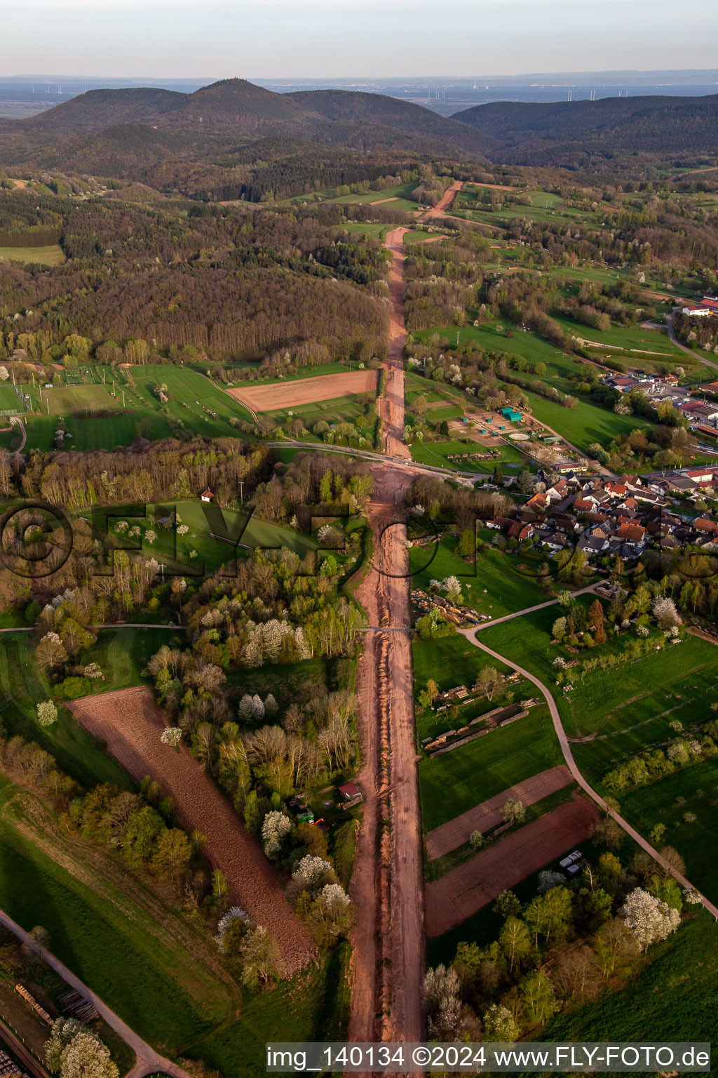 Oblique view of Path through the Palatinate Forest to rebuild the 51 km section of the Trans-Europe Natural Gas Pipeline (TENP-III from the Netherlands to Switzerland) between Mittelbrunn and Klingenmünster in the district Gossersweiler in Gossersweiler-Stein in the state Rhineland-Palatinate, Germany
