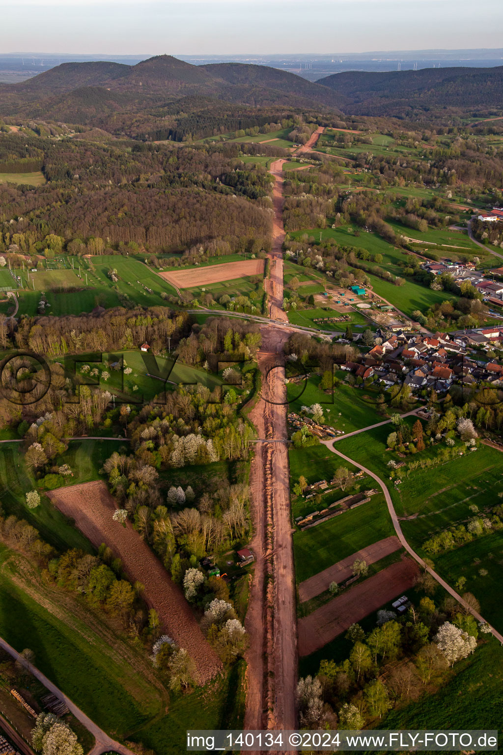 Oblique view of Path through the Palatinate Forest for the reconstruction of the 51 km section of the Trans-Europe natural gas pipeline (TENP-III from the Netherlands to Switzerland) between Mittelbrunn and Klingenmünster in the district Gossersweiler in Gossersweiler-Stein in the state Rhineland-Palatinate, Germany