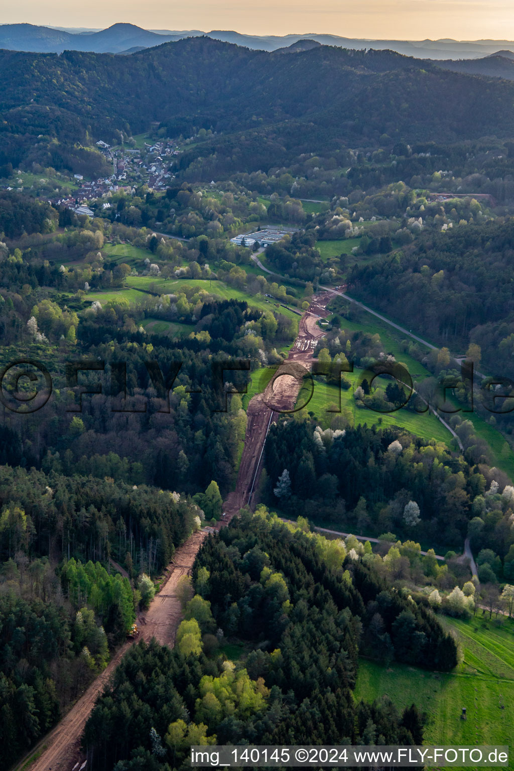 Aerial view of Path through the Palatinate Forest for the reconstruction of the 51 km section of the Trans-Europe natural gas pipeline (TENP-III from the Netherlands to Switzerland) between Mittelbrunn and Klingenmünster in Schwanheim in the state Rhineland-Palatinate, Germany