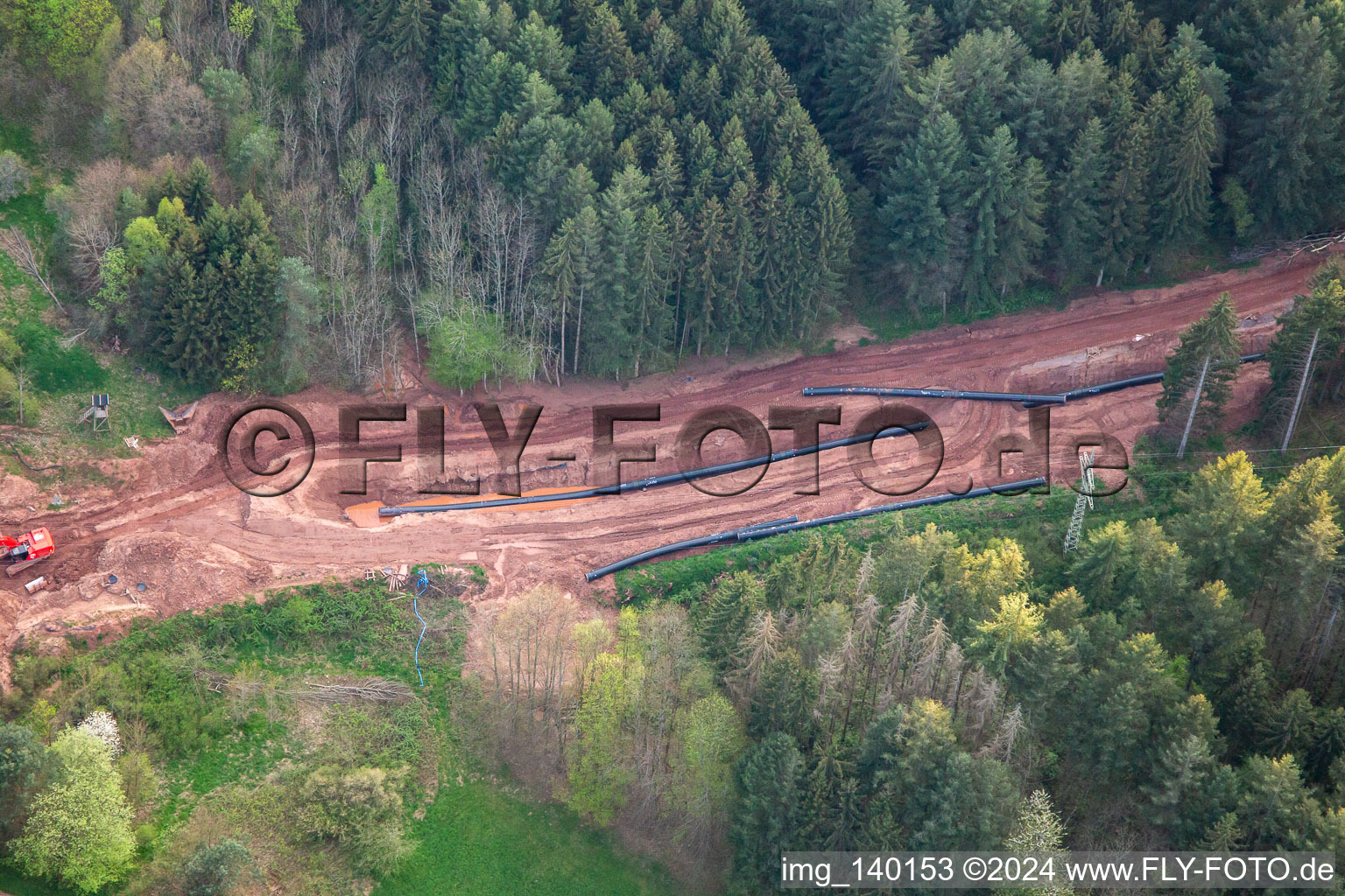 Oblique view of Path through the Palatinate Forest to rebuild the 51 km section of the Trans-Europe Natural Gas Pipeline (TENP-III from the Netherlands to Switzerland) between Mittelbrunn and Klingenmünster in Schwanheim in the state Rhineland-Palatinate, Germany