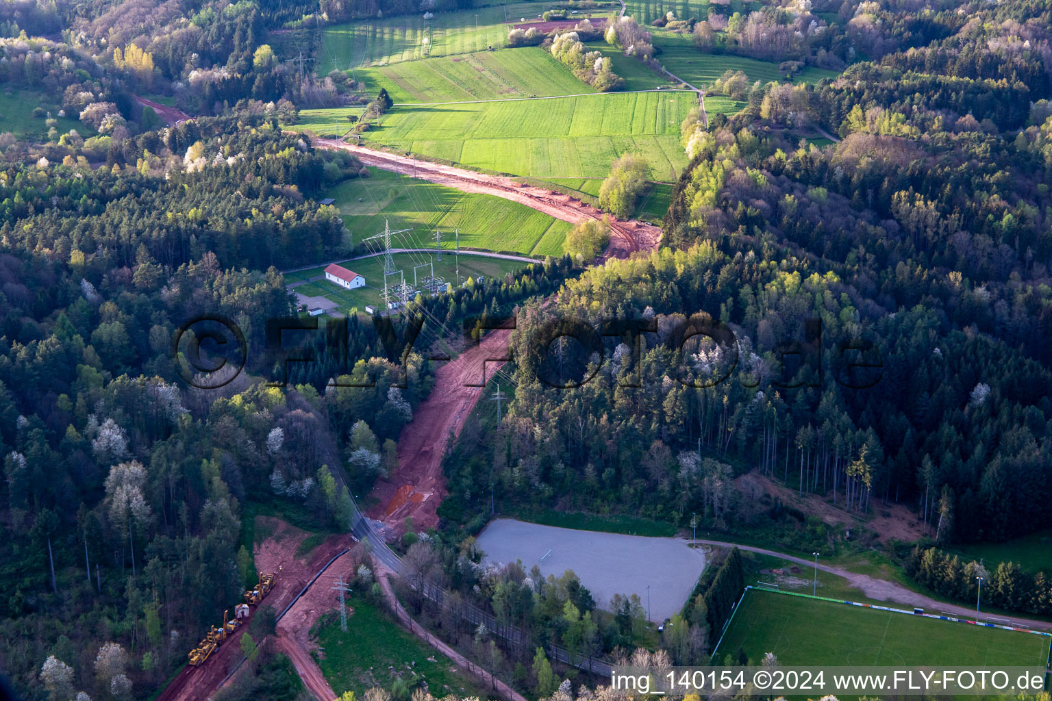 Path through the Palatinate Forest to rebuild the 51 km section of the Trans-Europe Natural Gas Pipeline (TENP-III from the Netherlands to Switzerland) between Mittelbrunn and Klingenmünster in Schwanheim in the state Rhineland-Palatinate, Germany from above