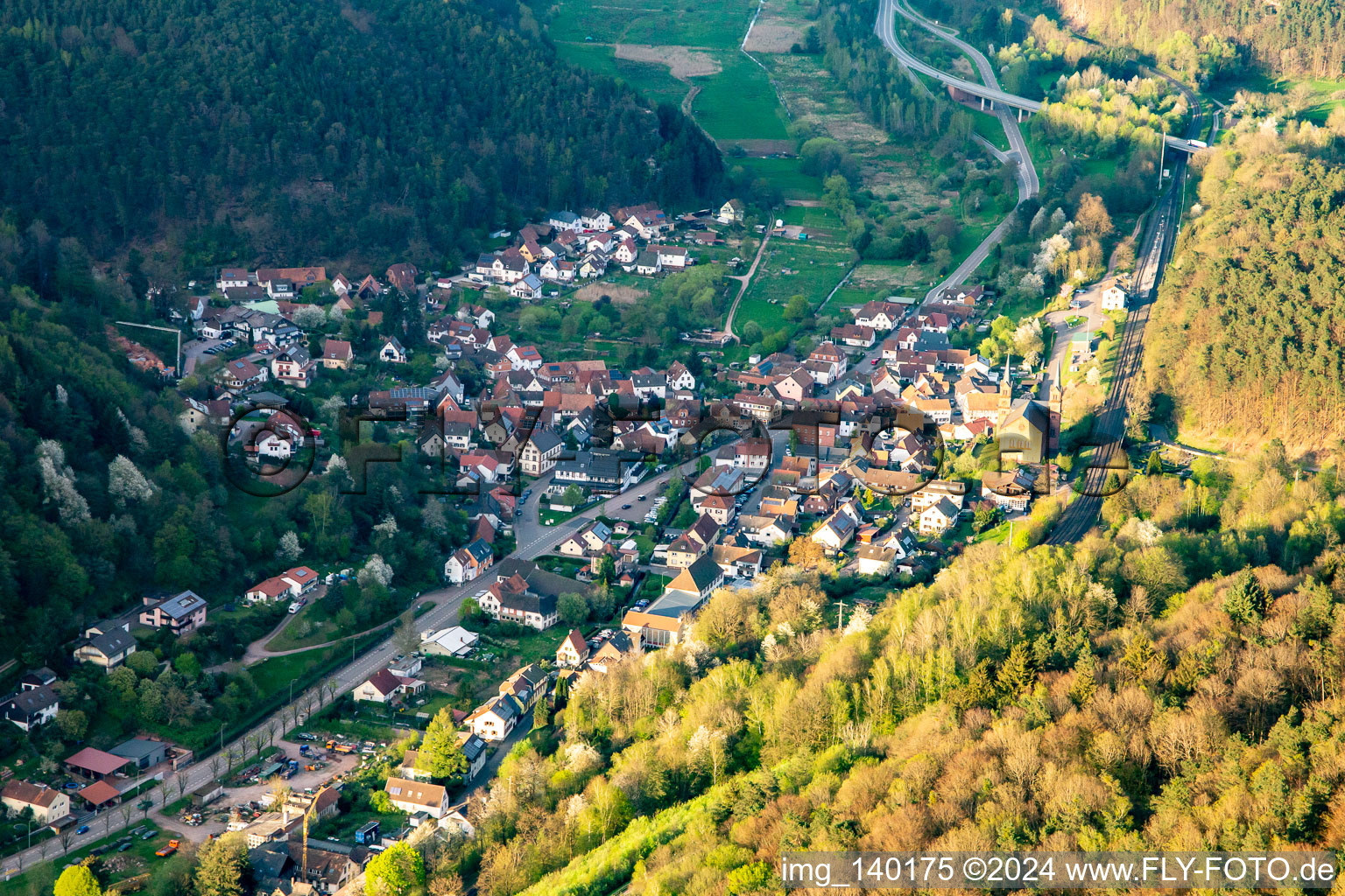 Aerial view of Main Street in Wilgartswiesen in the state Rhineland-Palatinate, Germany