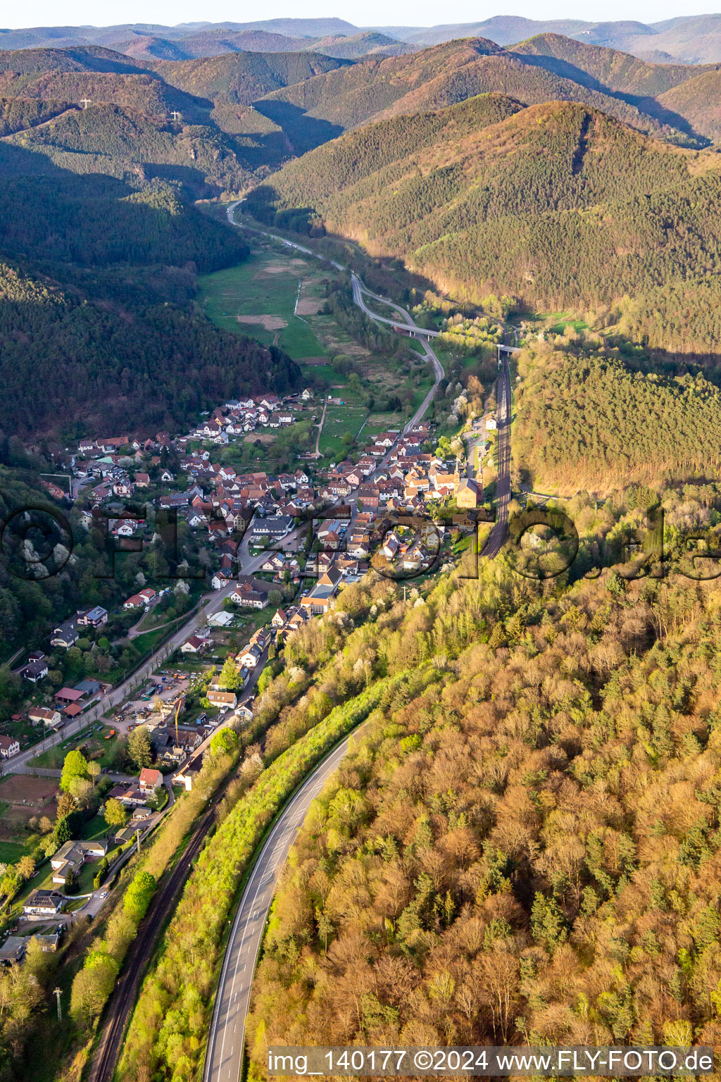 Oblique view of Wilgartswiesen in the state Rhineland-Palatinate, Germany