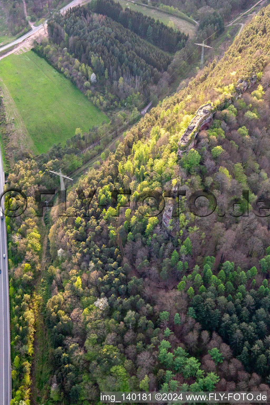 Aerial view of Falkenburg castle ruins in Wilgartswiesen in the state Rhineland-Palatinate, Germany