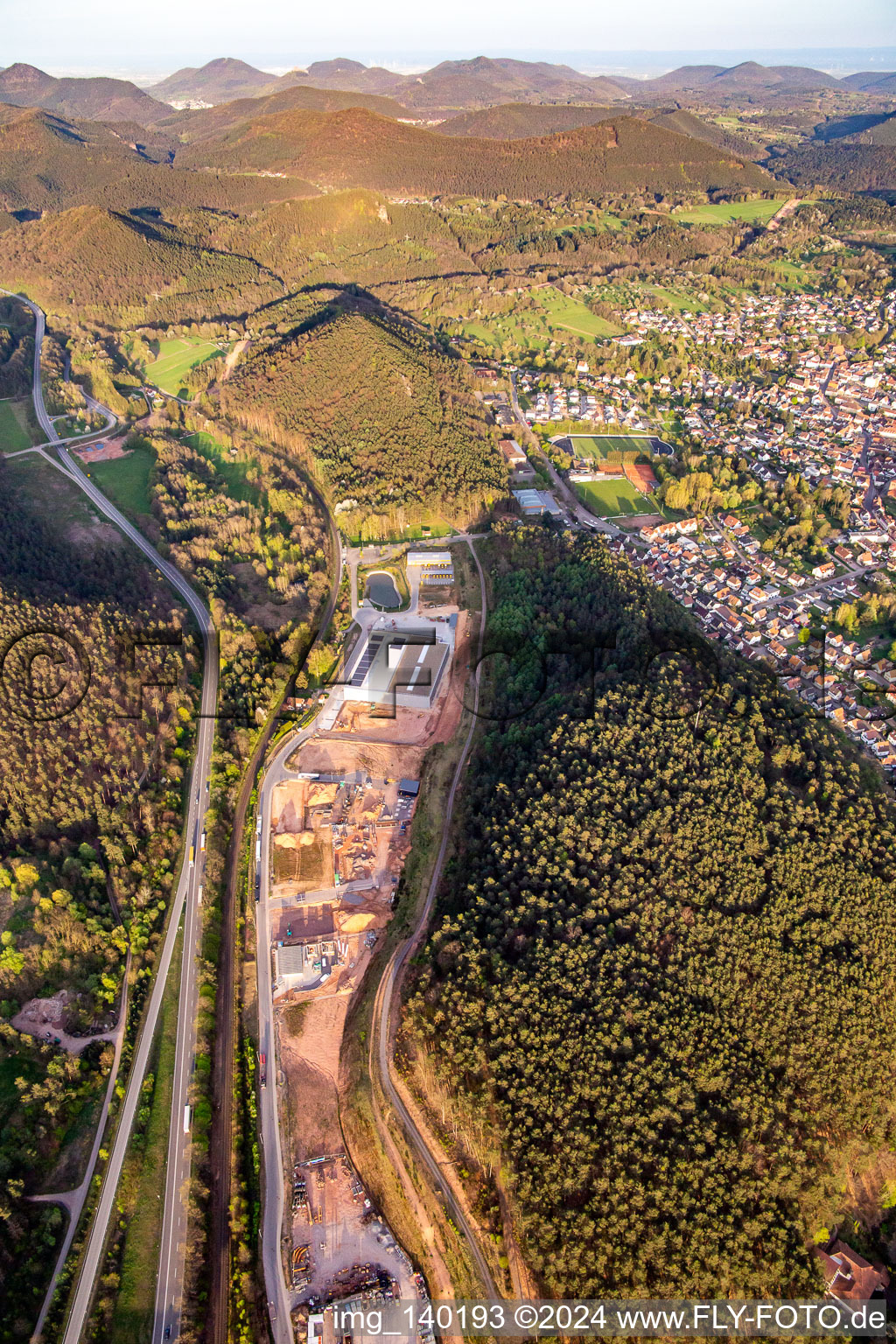 Oblique view of Neufeld industrial area in Wilgartswiesen in the state Rhineland-Palatinate, Germany