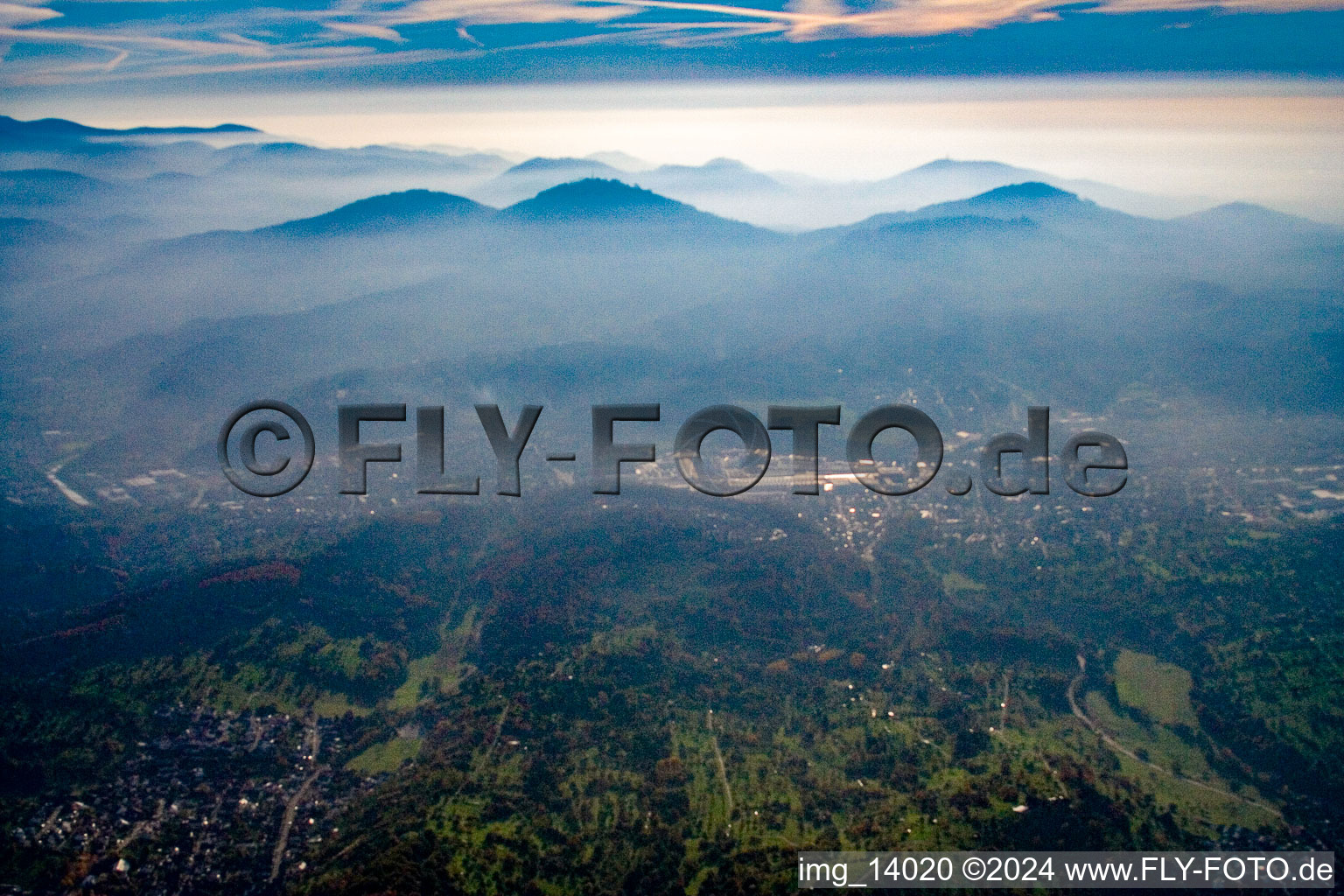 Evening haze over the Odenwald in Gaggenau in the state Baden-Wuerttemberg, Germany