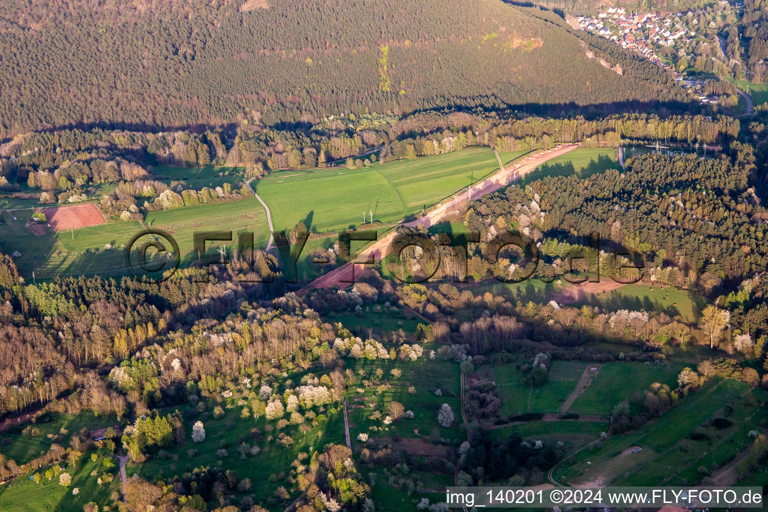 Aerial view of Path through the Palatinate Forest to rebuild the 51 km section of the Trans-Europe Natural Gas Pipeline (TENP-III from the Netherlands to Switzerland) between Mittelbrunn and Klingenmünster in Spirkelbach in the state Rhineland-Palatinate, Germany