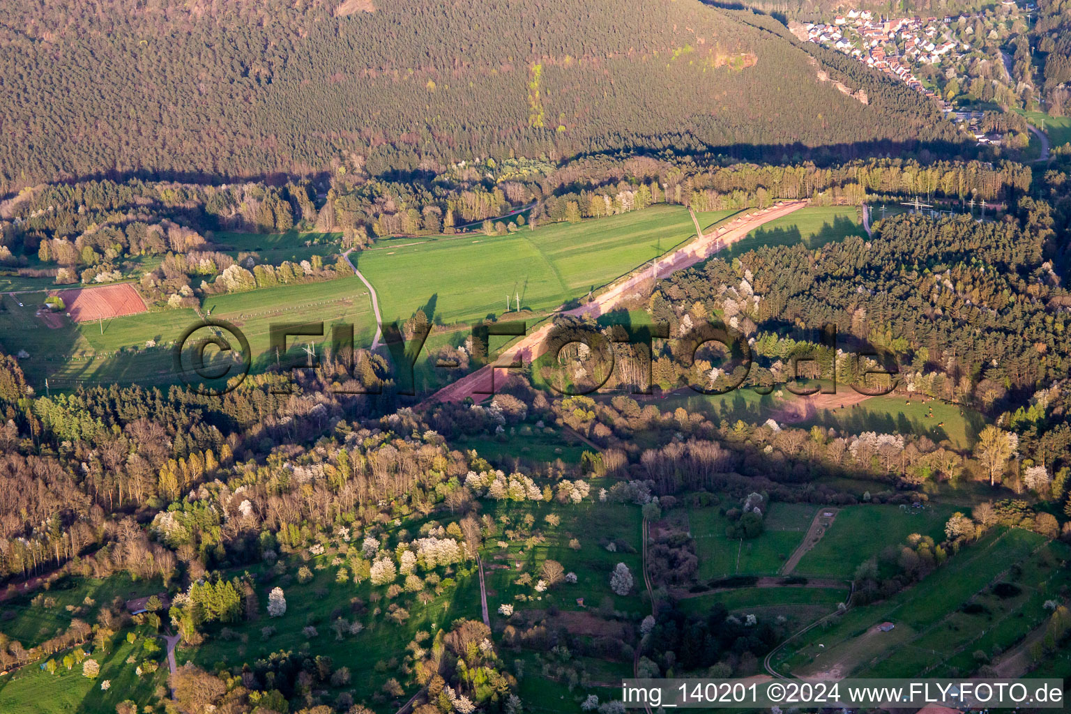 Aerial view of Path through the Palatinate Forest for the reconstruction of the 51 km section of the Trans-Europe natural gas pipeline (TENP-III from the Netherlands to Switzerland) between Mittelbrunn and Klingenmünster in Spirkelbach in the state Rhineland-Palatinate, Germany