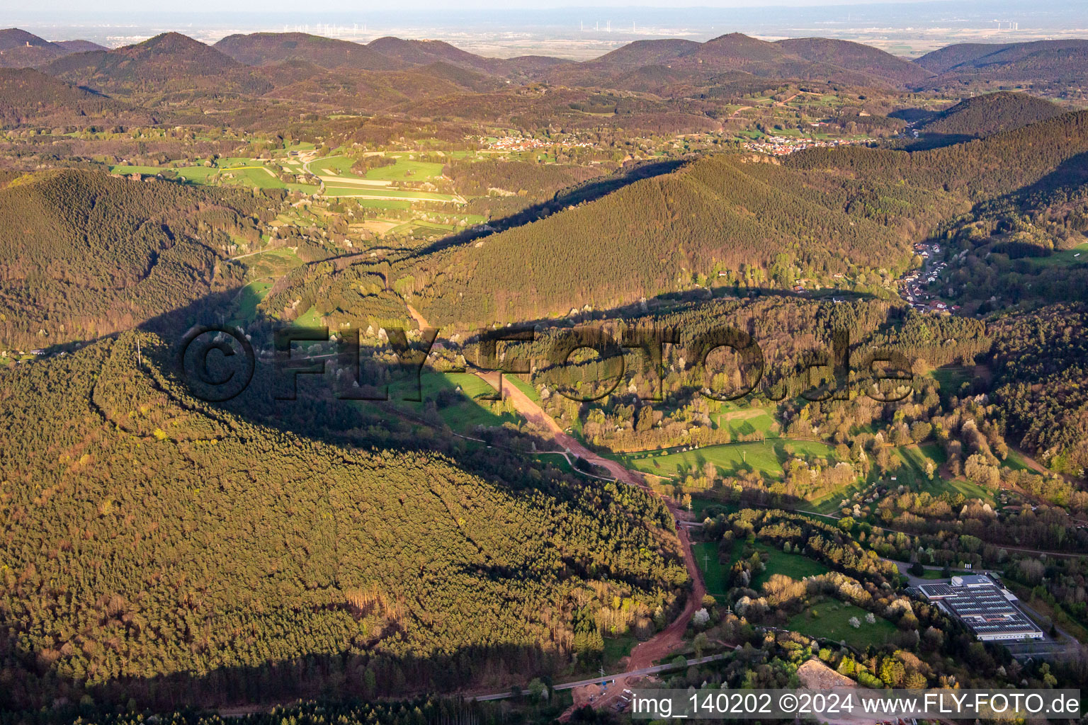 Path through the Palatinate Forest for the reconstruction of the 51 km section of the Trans-Europe natural gas pipeline (TENP-III from the Netherlands to Switzerland) between Mittelbrunn and Klingenmünster in Schwanheim in the state Rhineland-Palatinate, Germany seen from above