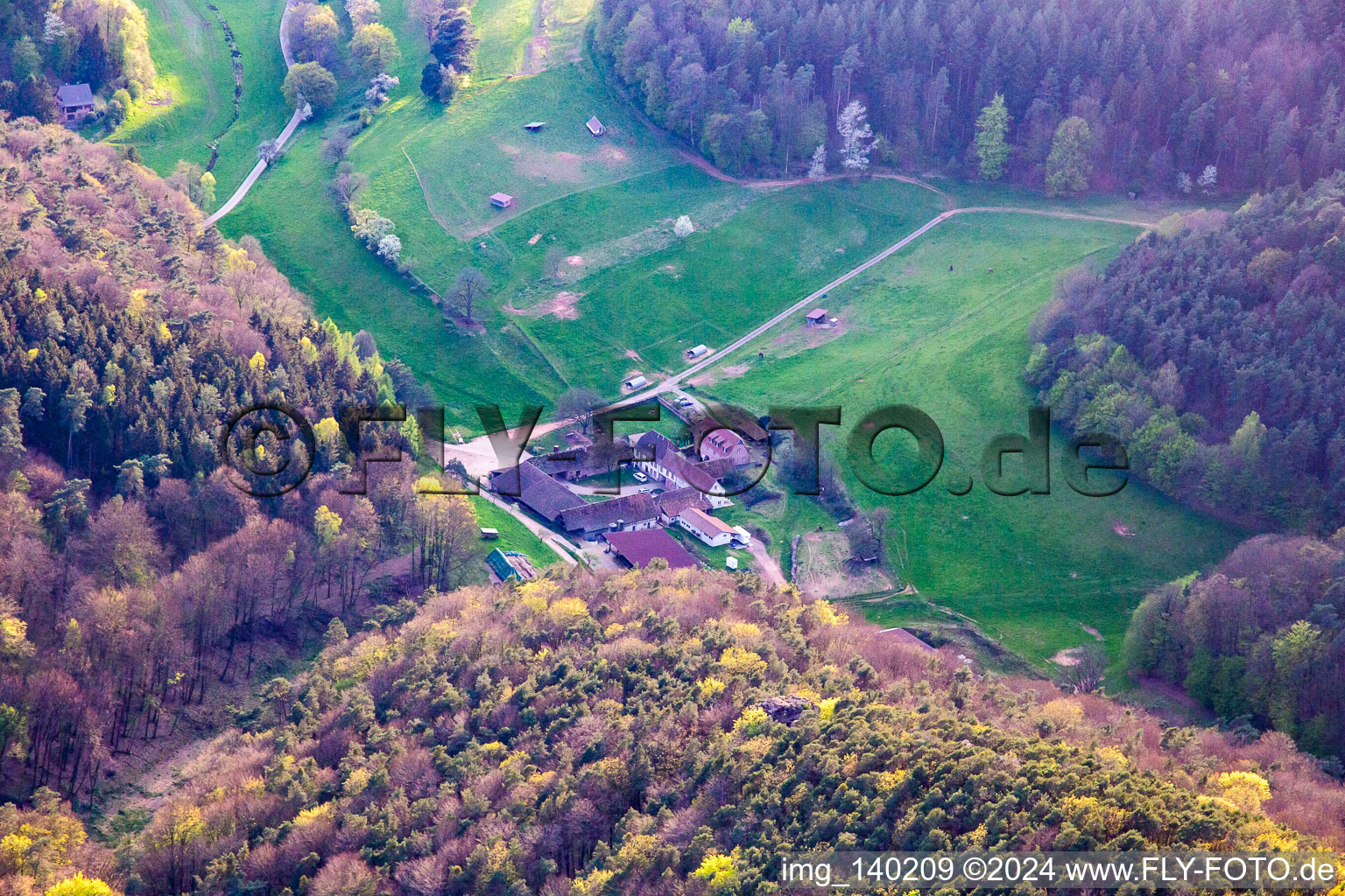 Aerial view of Organic Gasthof Bärenbrunnerhof in Oberschlettenbach in the state Rhineland-Palatinate, Germany