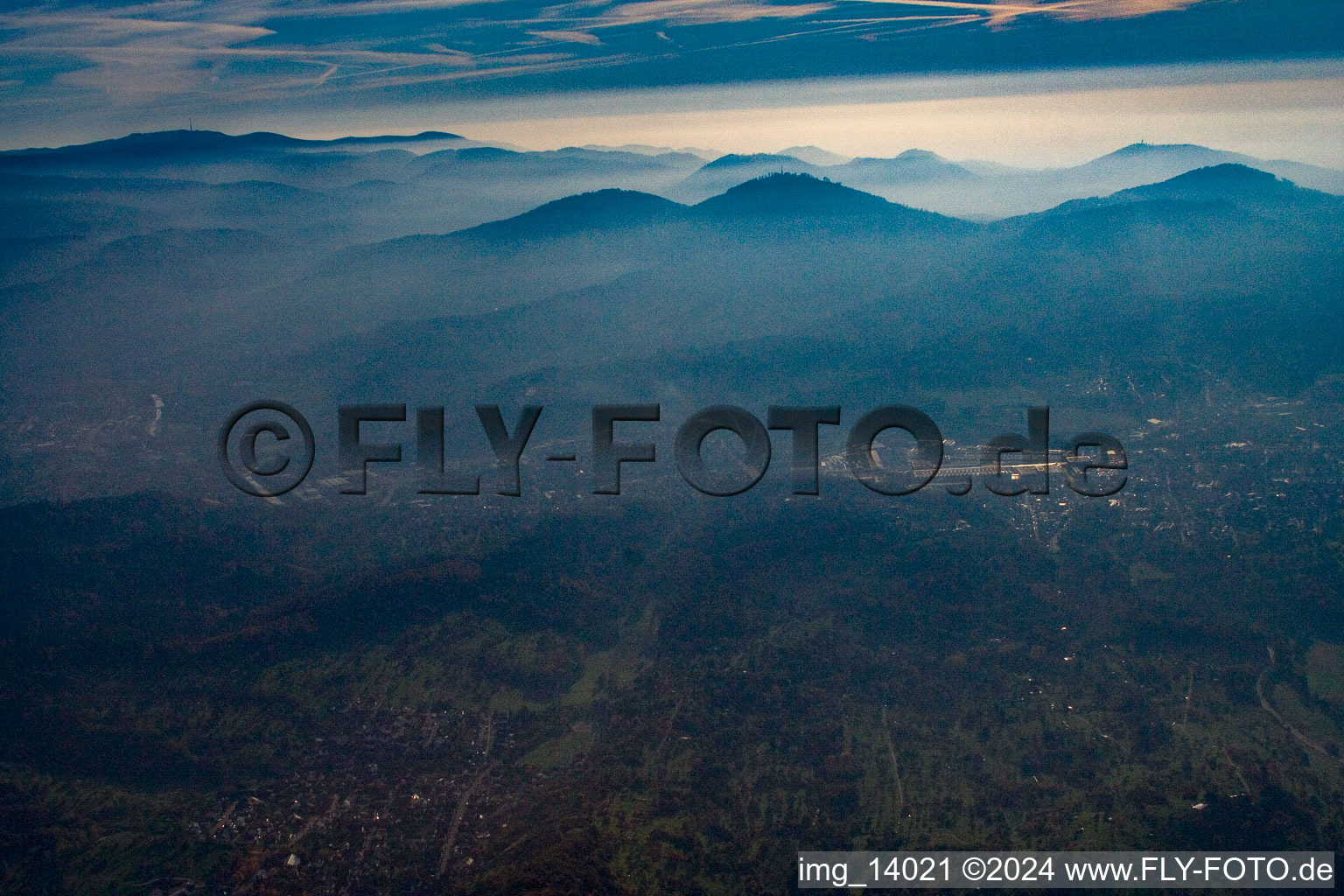 Aerial view of Evening haze over the Odenwald in Gaggenau in the state Baden-Wuerttemberg, Germany