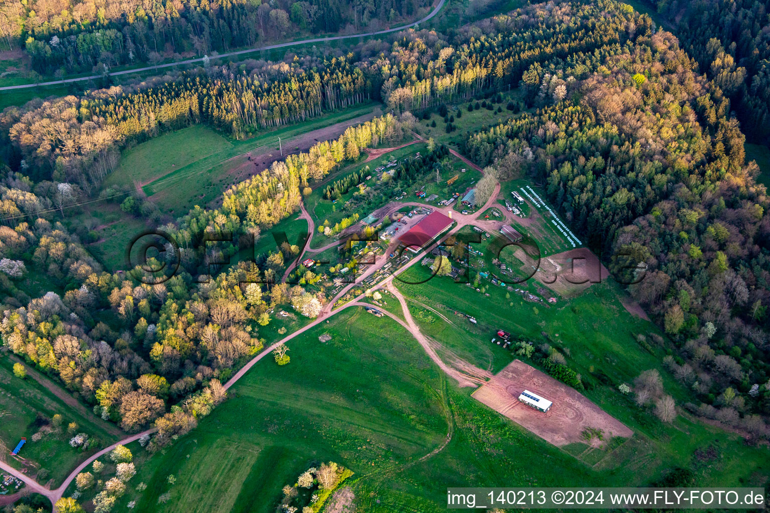 Aerial view of Aussiedlerhof in Oberschlettenbach in the state Rhineland-Palatinate, Germany