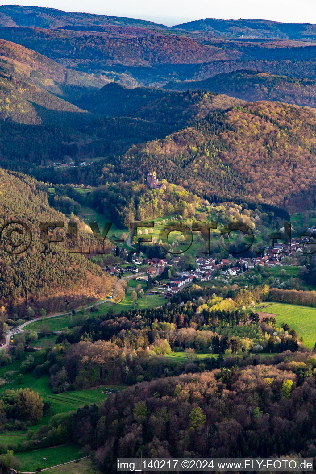 Aerial view of Berwartstein Castle from the north in Erlenbach bei Dahn in the state Rhineland-Palatinate, Germany