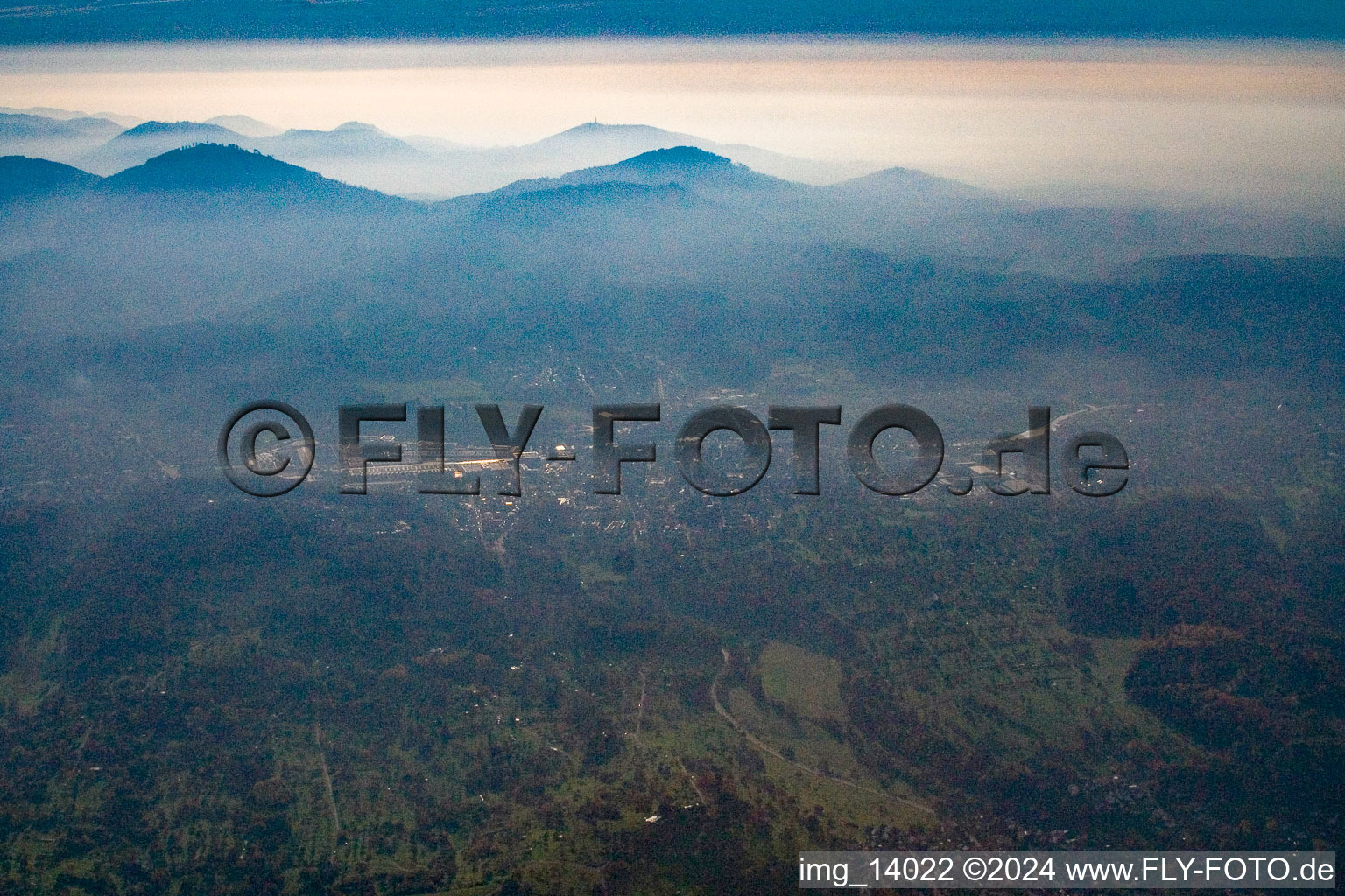 Aerial photograpy of Evening haze over the Odenwald in Gaggenau in the state Baden-Wuerttemberg, Germany